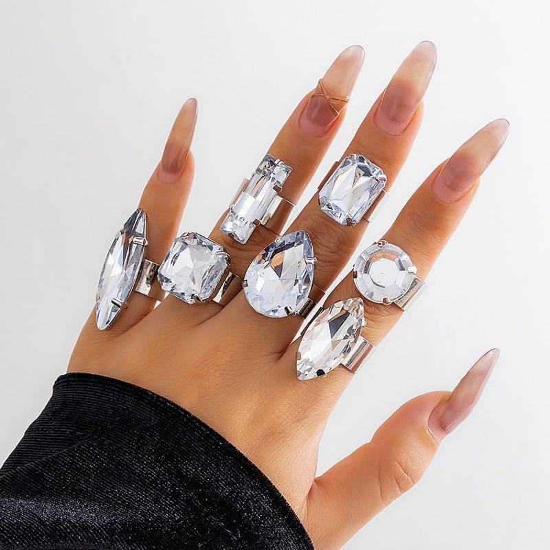 Uarein Chunky 7Pcs Silver Crystal Knuckle Rings Set Geometric Rhinestone Waterdrop Open Rings Stackable CZ Circle Square Finger Rings Jewelry Set for Women - Image 5